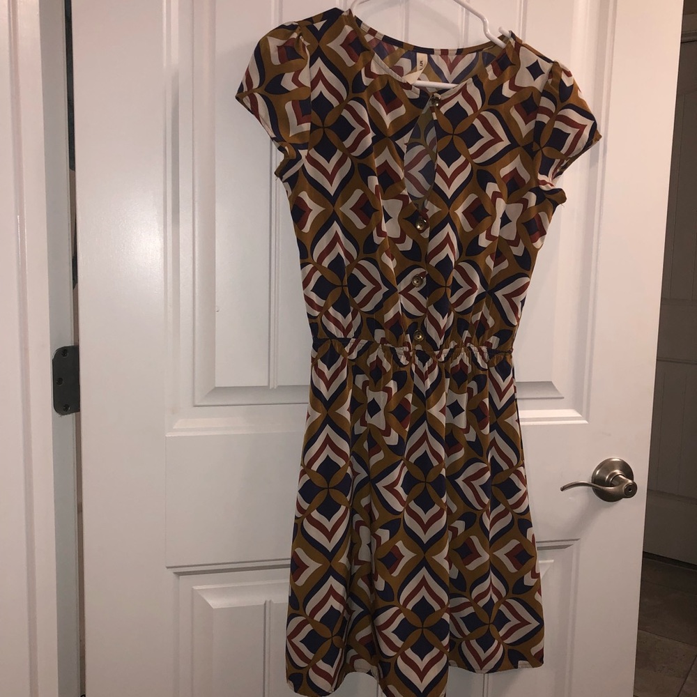 Camel and navy pattern dress